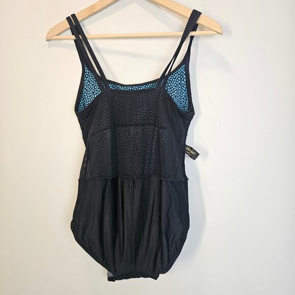 Robby Len Modest Polka Dot Blue and Black Empire Swim‎ Dress Swimsuit Size 16W - Picture 8 of 12
